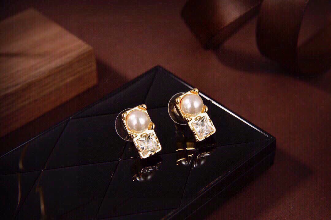 Miu Miu Gold Tone Pearl and Crystal Stud Earrings